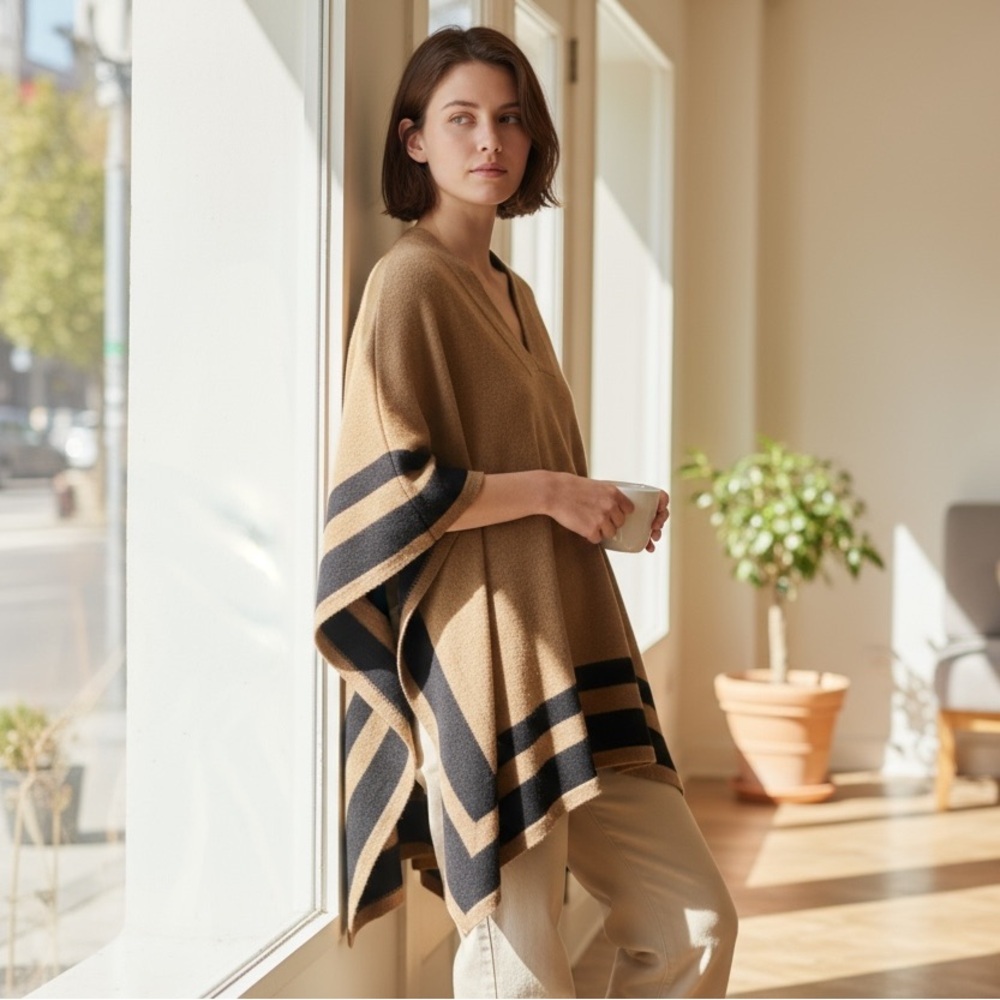 CULLEN 100% Cashmere Striped Poncho Tan Black OS